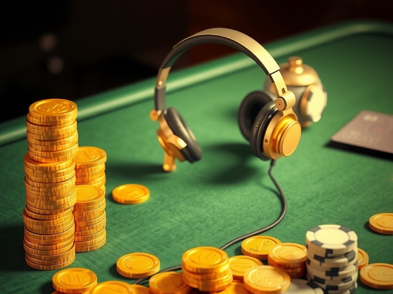 Diwa Lucky hero artwork showing a headset and brass bell on a green baize desk beside stacked chips