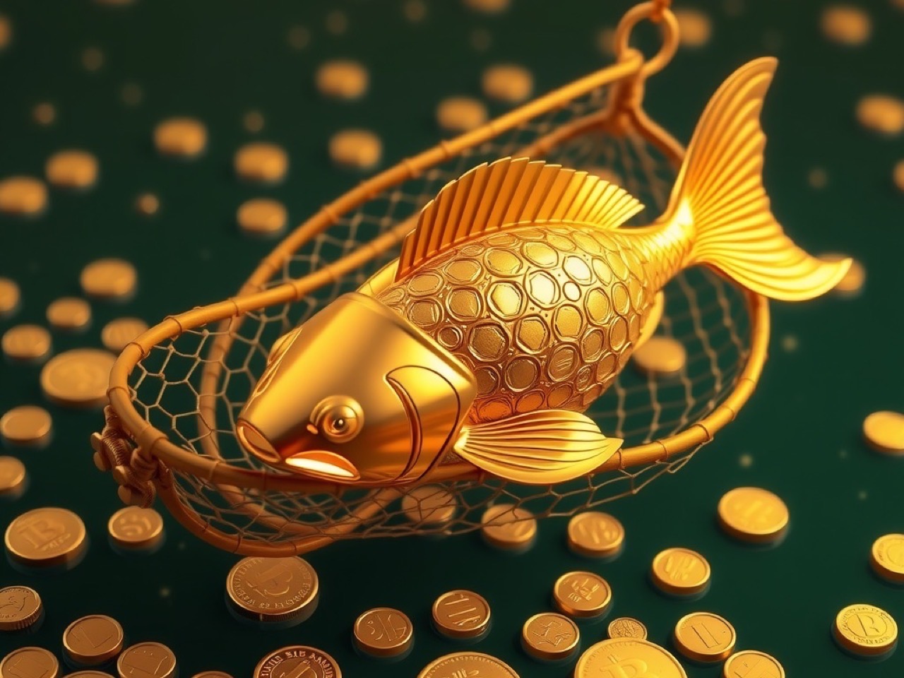 Diwa Lucky hero artwork showing golden ornamental fish and a net among coins over deep green water