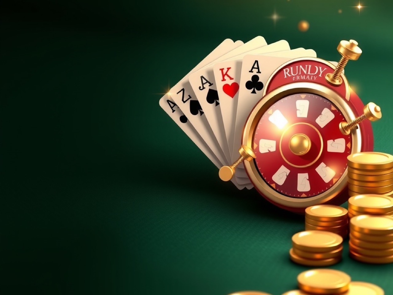 Fanned rummy cards and stacked gold coins on deep green baize at Diwa Lucky