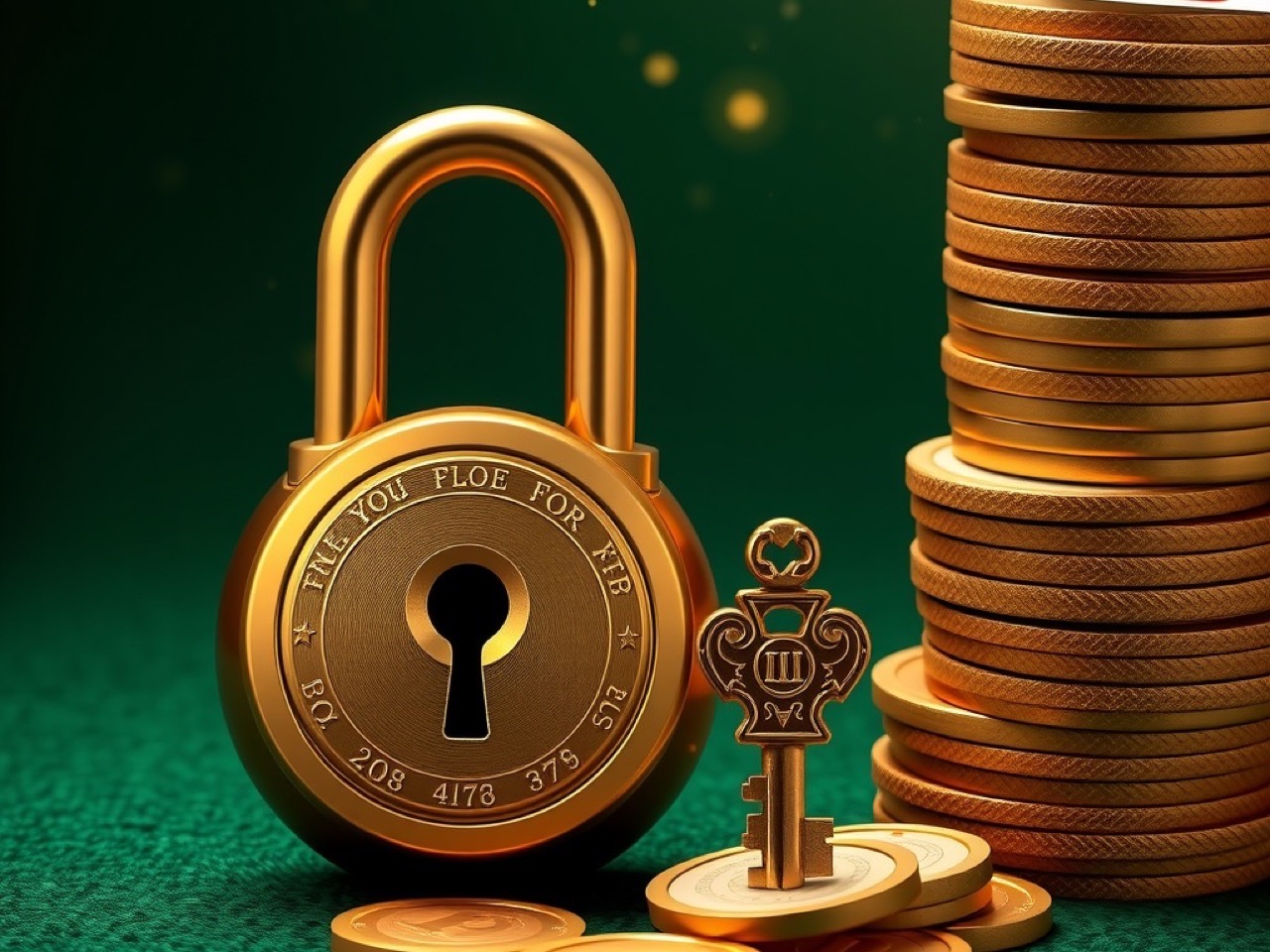 Diwa Lucky hero artwork showing a brass padlock and key on green baize beside stacked gold coins and playing cards