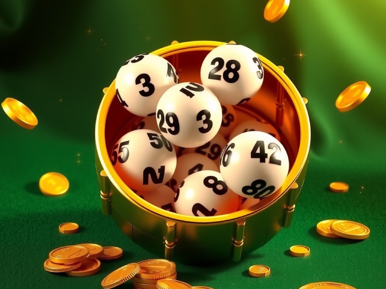 Diwa Lucky hero artwork showing numbered lottery balls tumbling in a gold drum over green baize