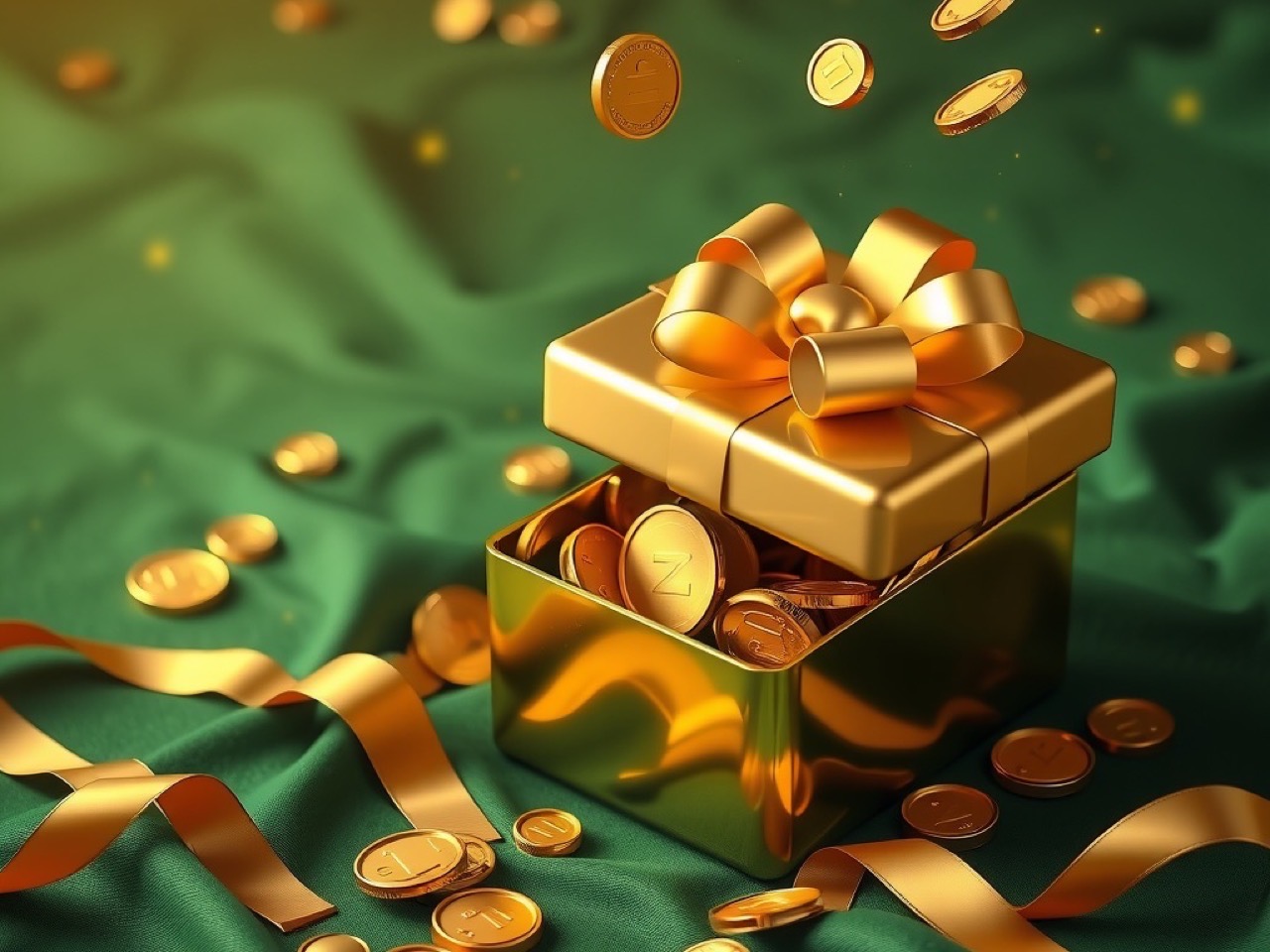 Diwa Lucky hero artwork showing a gold gift box spilling coins and tokens on green baize with ribbons